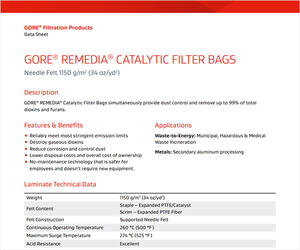 Image of the front page of the GORE REMEDIA Catalytic Filter Bags data sheet