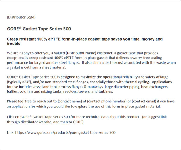 Sample Email for GORE Gasket Tape Series 500