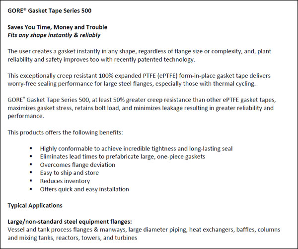Positioning Statement for GORE Gasket Tape Series 500