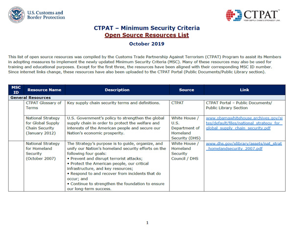 CTPAT Minimum Security Criteria Open Source Resource List
