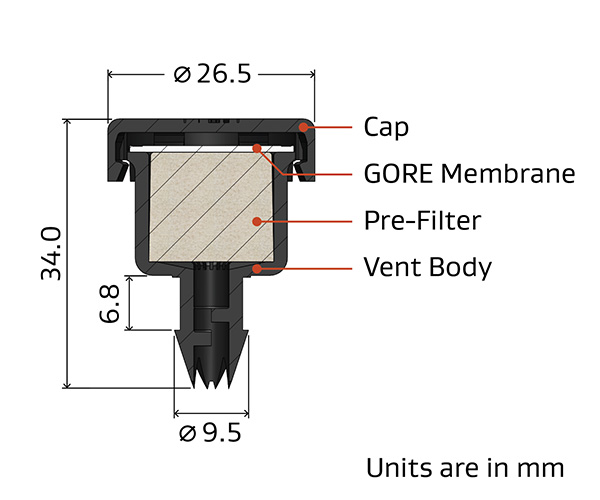 Cutaway drawing of Gore’s compact gearbox vent for outdoor equipment