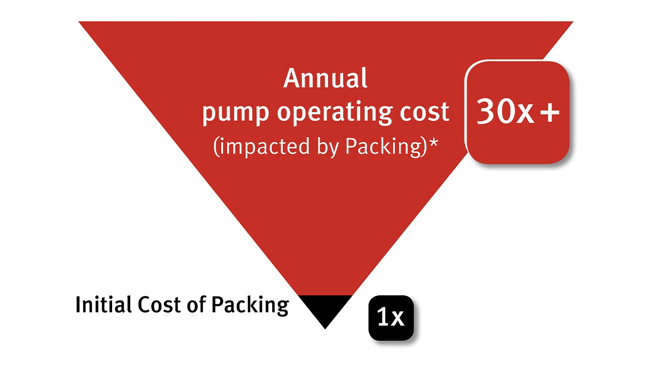 Hidden cost infograph. Text reads: Annual pump operating cost (impacted by Packing)*. In square box: 30x +.