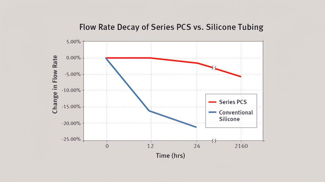 flow rate decay of series PCS vs silicone tubing