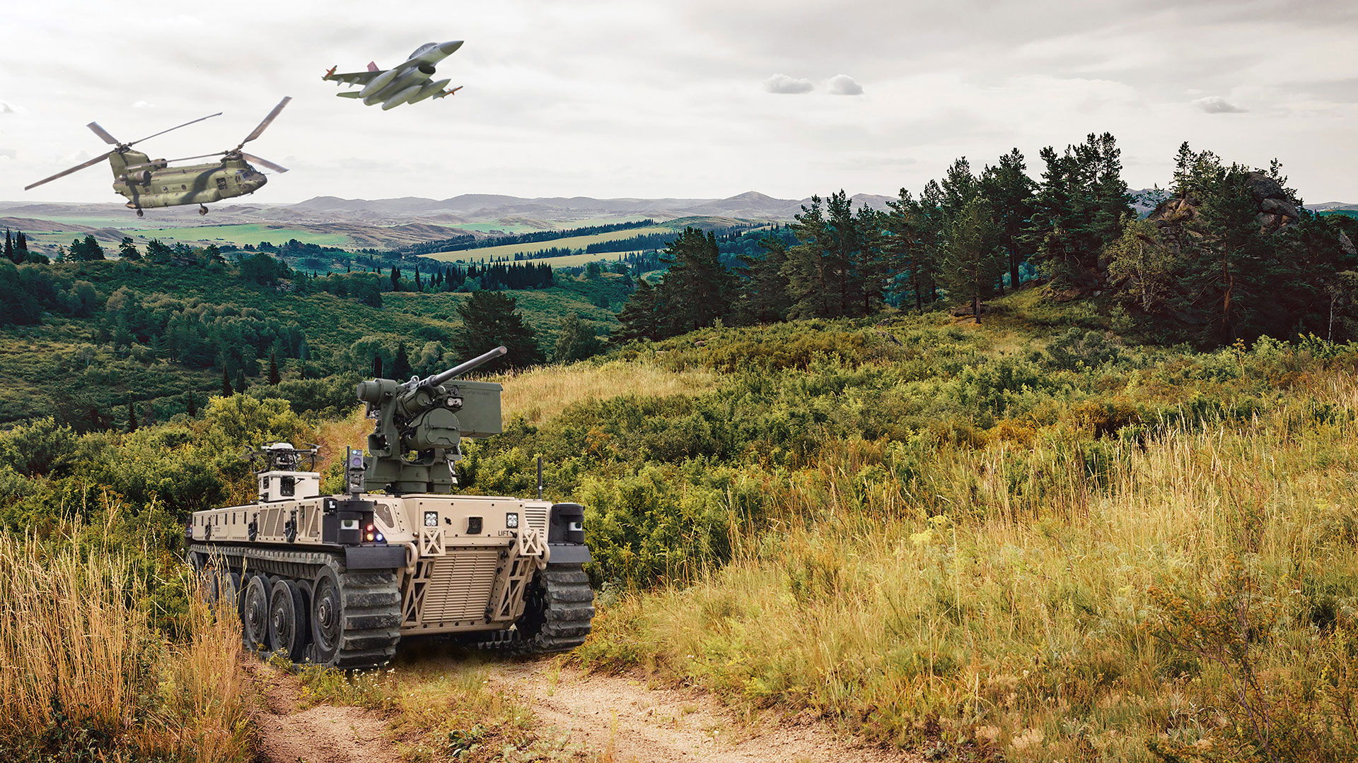 Robotic Combat Vehicle Light (RCV-L)-Chinook & F-16 on Road