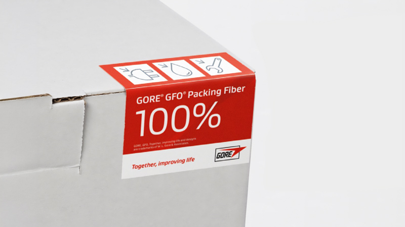 Packing tape image. Text reads: Gore GFO Packing Fiber 100%