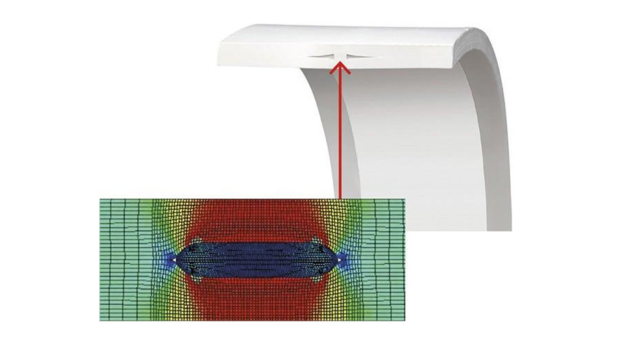 Cross section of GORE® Gasket Tape Series 1000 checked with Finite Element Analysis (FEA) model. Red indicates optimal sealing stress.
