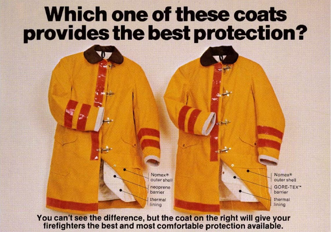 image of 1980 advertisement for gore products in firefighter jackets