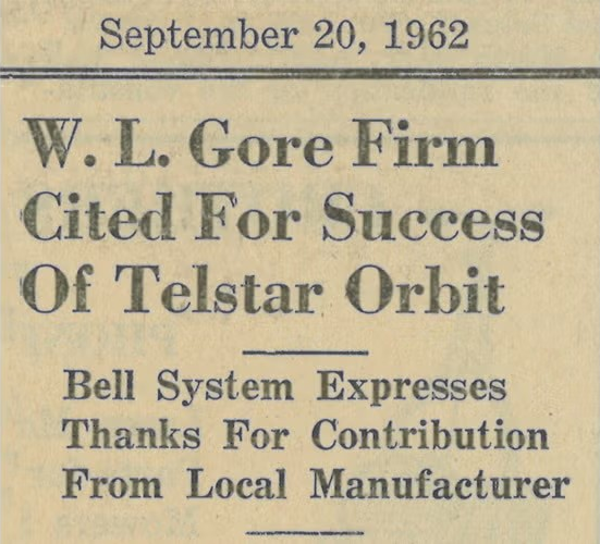 image of news clipping from article about gore products in telstar satelite