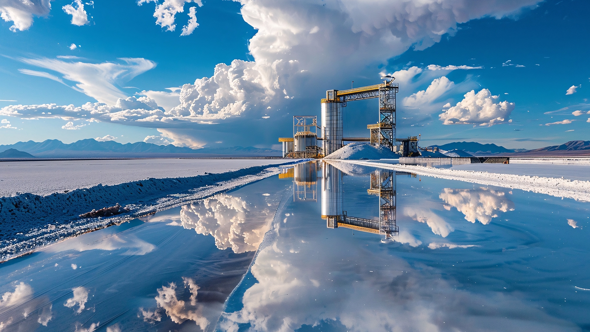 A lithium extraction facility stands on a salt flat, with water channels reflecting the blue sky and fluffy clouds.