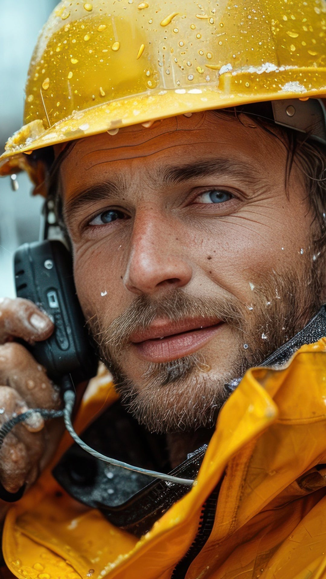Construction worker holding walkie talkie to his ear