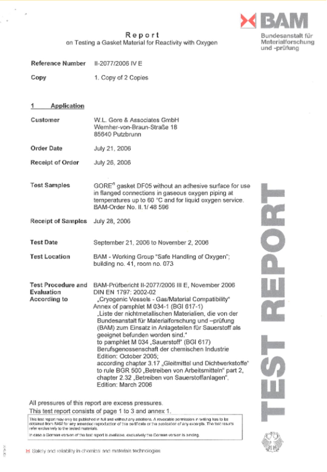 GORE® Joint Sealant: Oxygen Service (BAM) Report