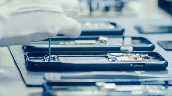 Factory worker assembling mobile device.