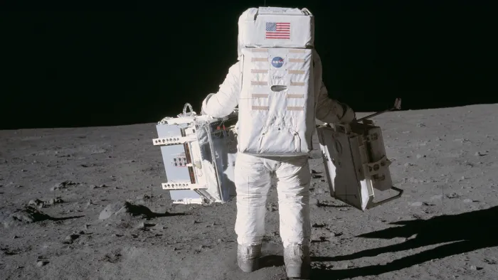 Buzz Aldrin walking on moon in 1969